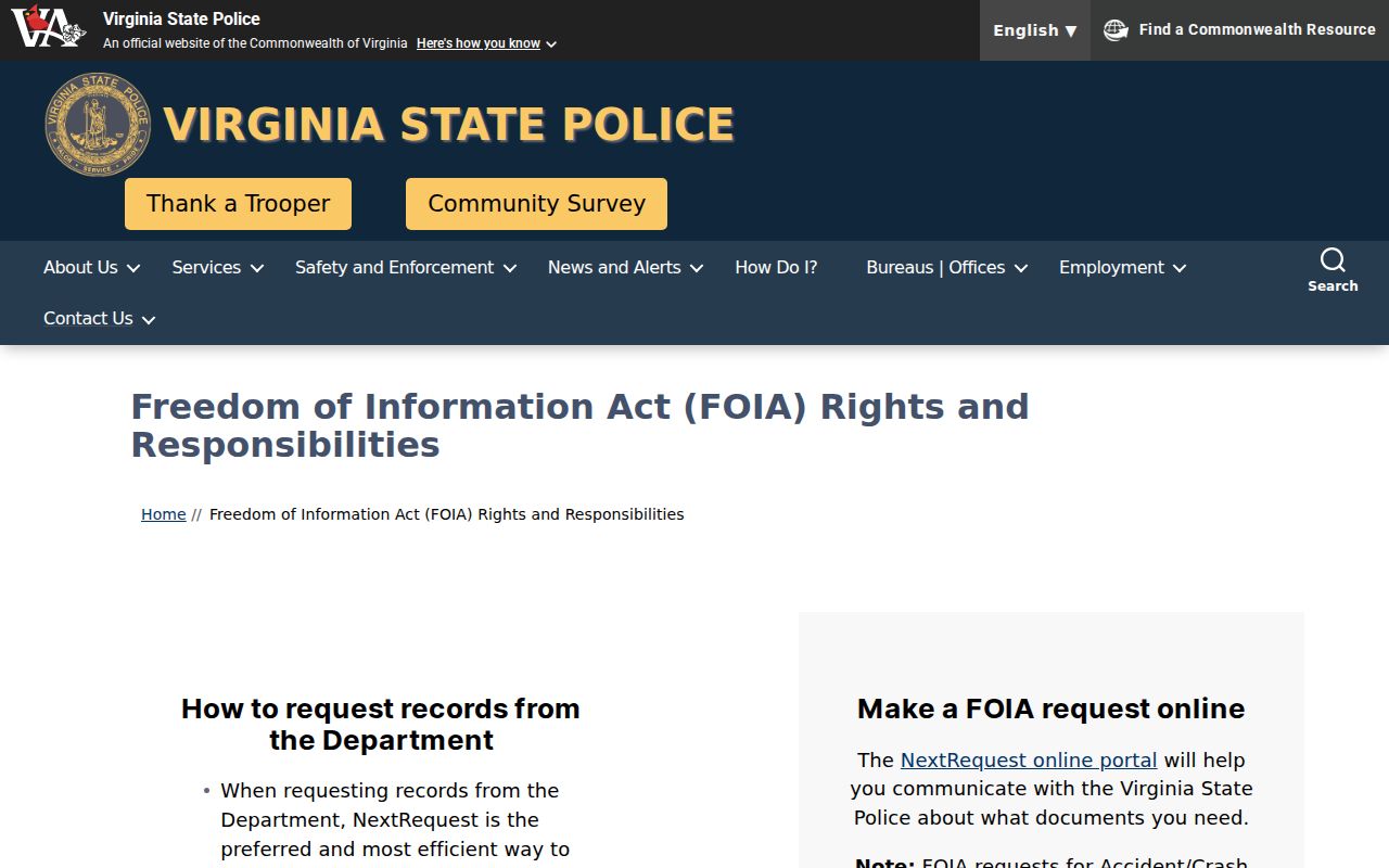 Virginia State Police VFOIA options for Amelia County arrest records