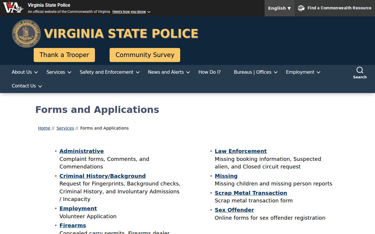 Amelia County criminal case review through Virginia State Police forms